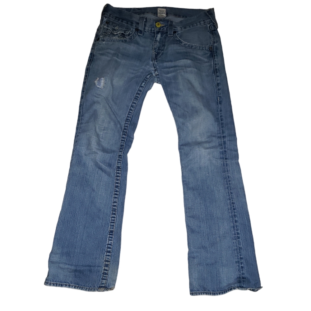 BLUE TRUE RELIGION JEANS YELLOW STITCH